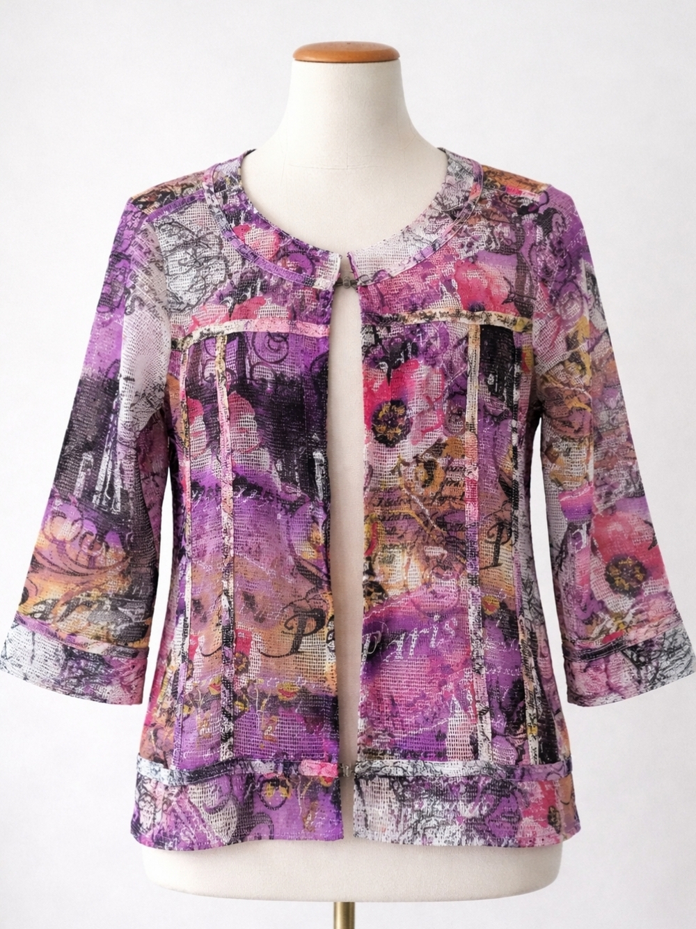 Onque Casuals Mesh Jacket | Small | Sheer Floral Paris Print | Hook & Eye